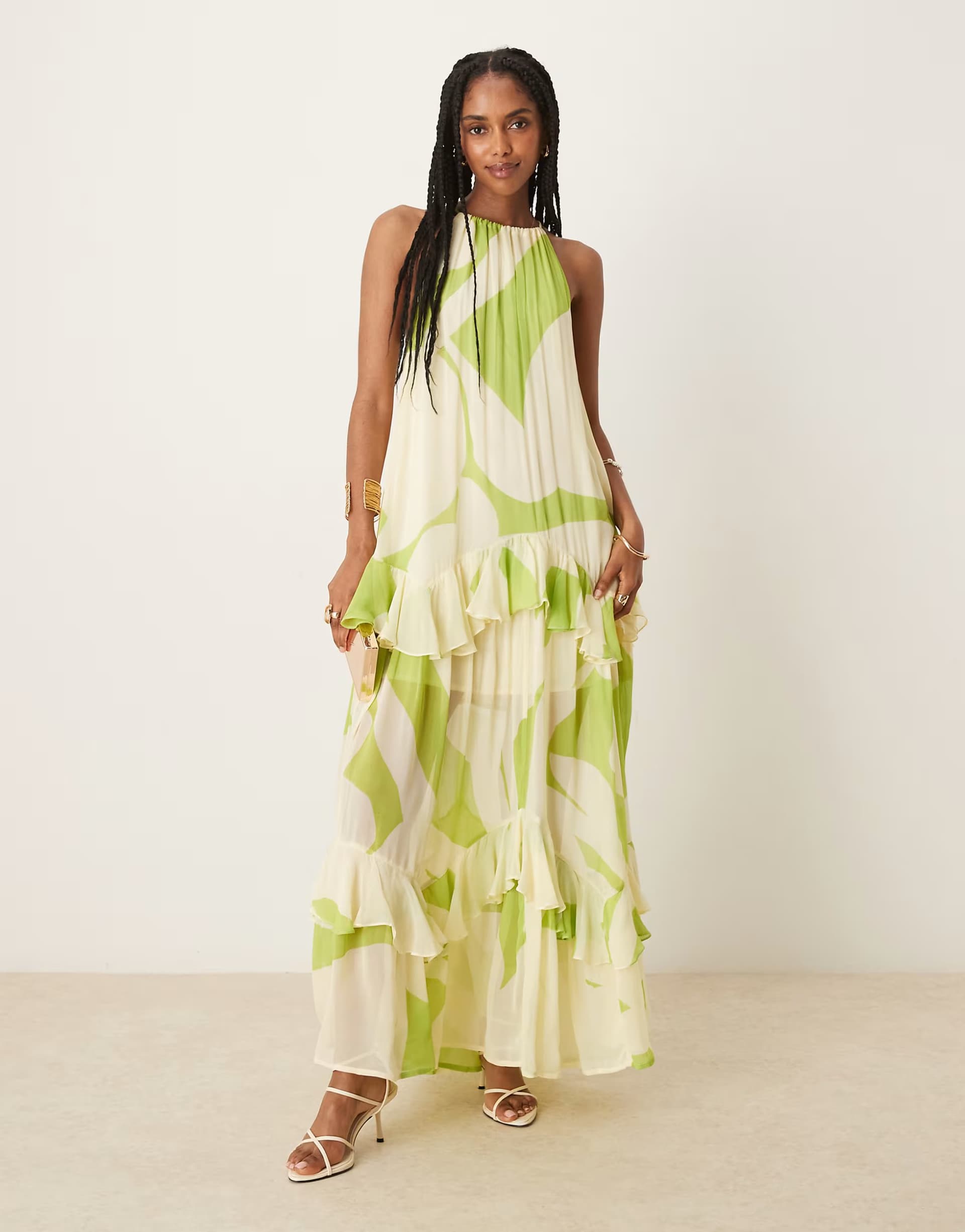 ASOS ASOS DESIGN halter tiered ruffle maxi dress in green abstract print