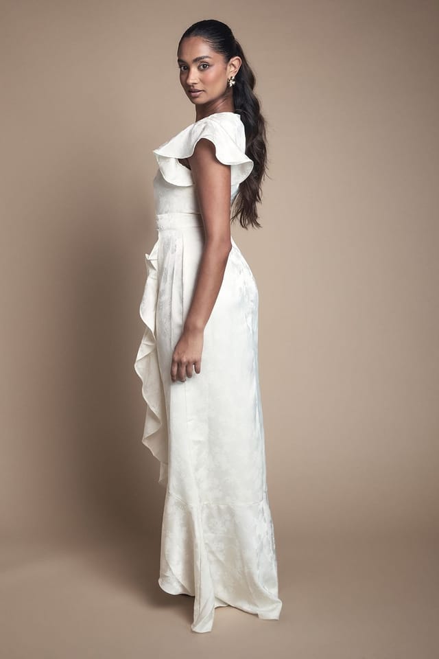 Oasis Oasis Women's Satin Jacquard Ruffle Hem Midaxi Bridesmaid Dress in Champagne - 3