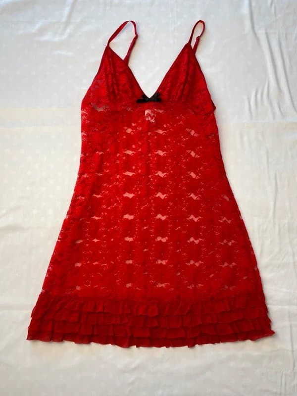 Jessica Simpson Y2K Jessica Simpson Red Lace Babydoll Dress / Lingerie – Sheer Floral Lace, Ruffle Hem, Size M