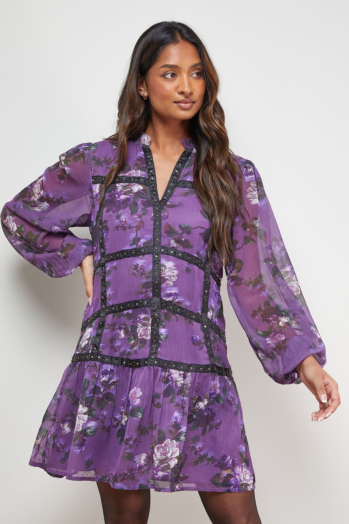 Oasis Oasis Women's Printed Embellished Trim Detail Chiffon Mini Dress in Floral