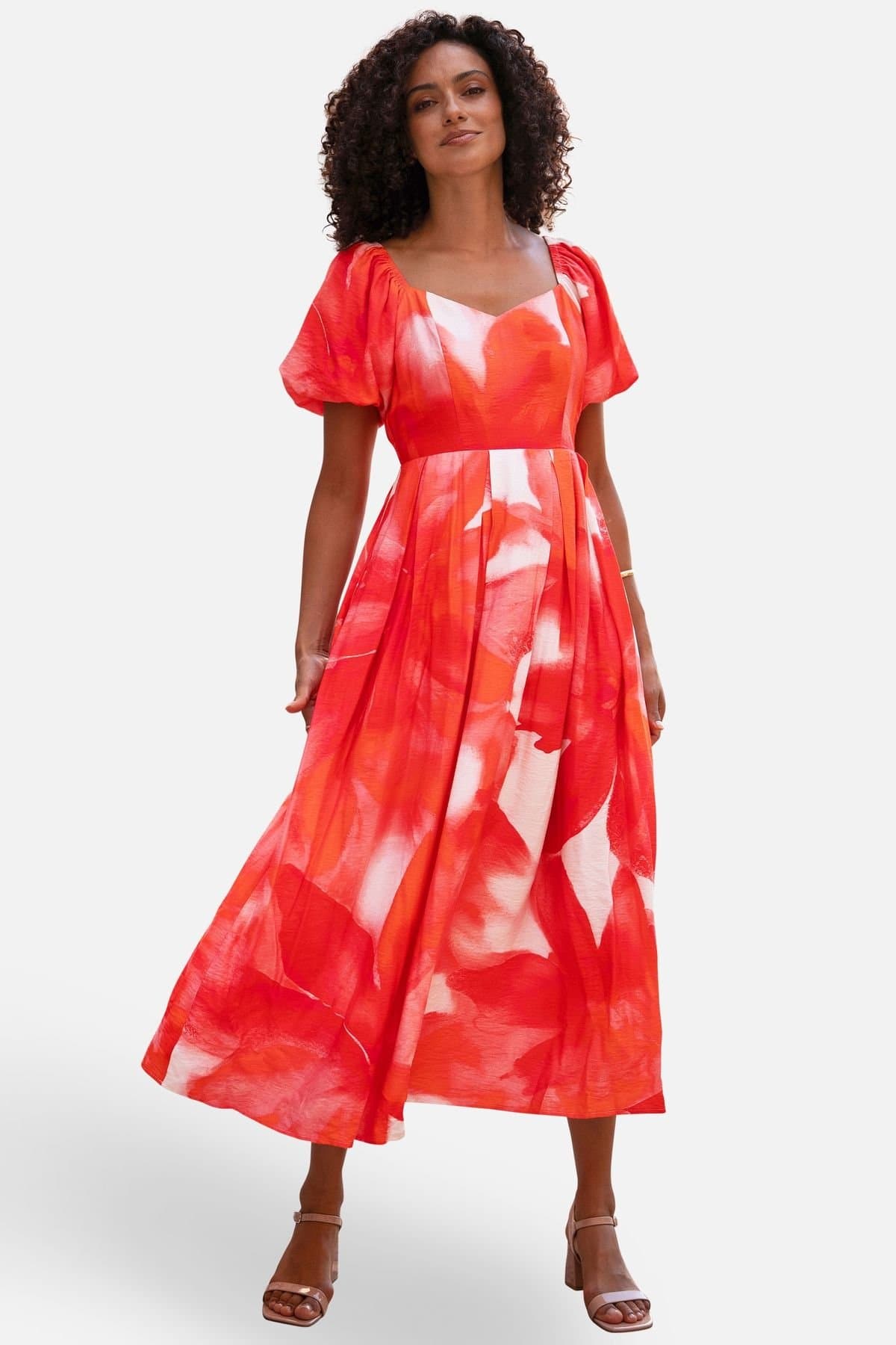 Yumi Yumi Women's Red Viscose Floral Midi Dress With Puff Sleeves in Scarlet