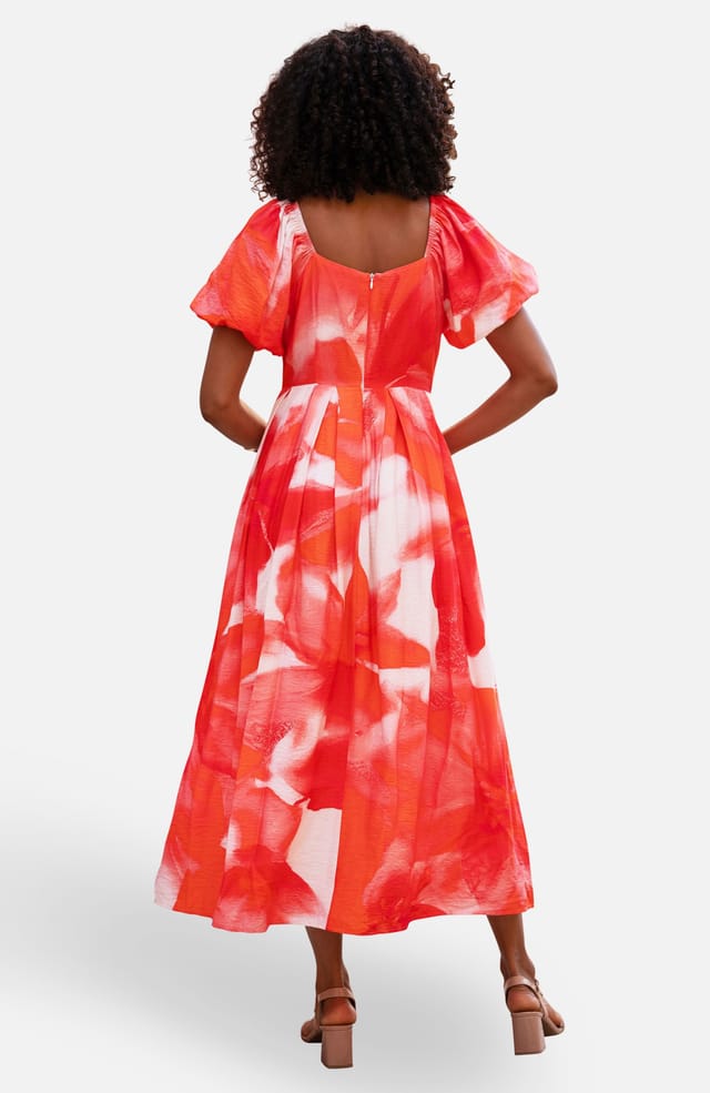 Yumi Yumi Women's Red Viscose Floral Midi Dress With Puff Sleeves in Scarlet - 2