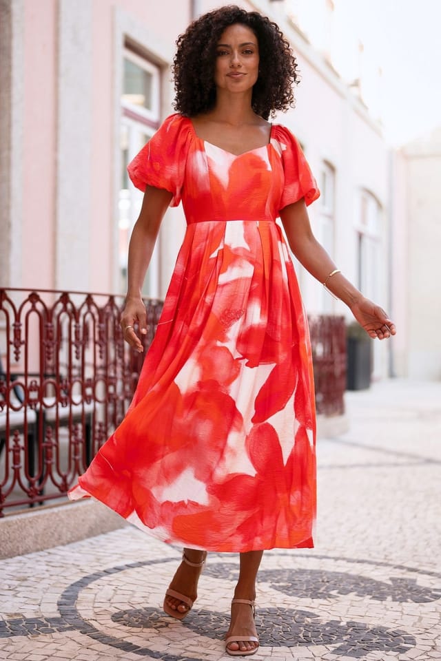 Yumi Yumi Women's Red Viscose Floral Midi Dress With Puff Sleeves in Scarlet - 3