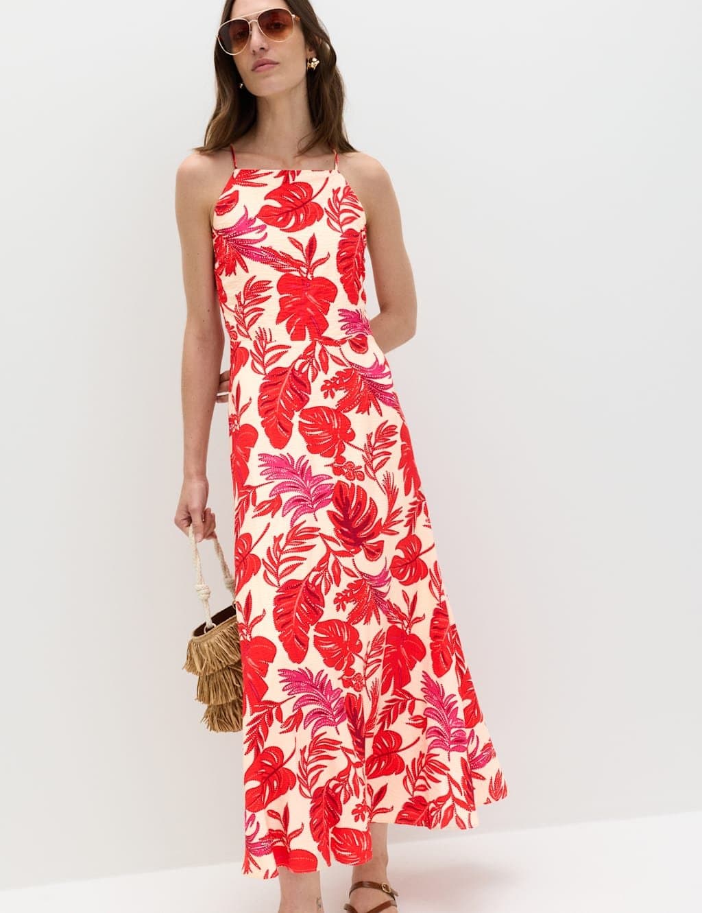 Marks & Spencer M&S Leaf Print Strappy Midaxi Cami Dress Red Mix