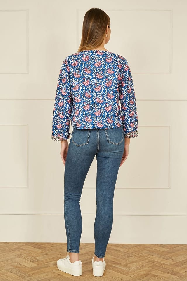 Yumi Yumi Women's Blue Floral Reversible Cotton Quilted Jacket - 3
