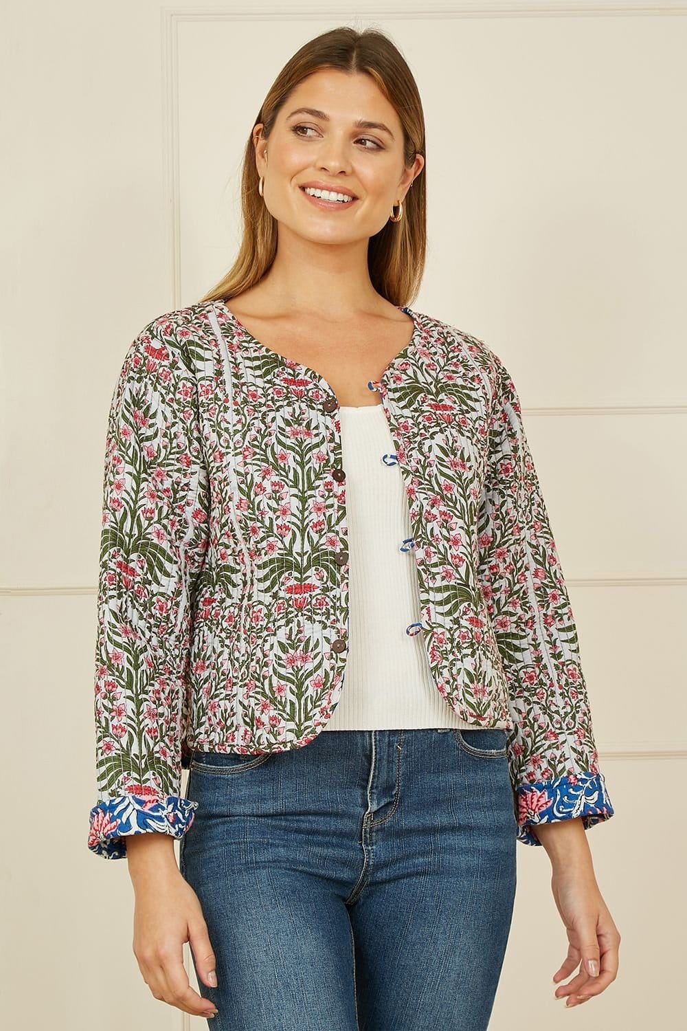 Yumi Yumi Women's Blue Floral Reversible Cotton Quilted Jacket - 4