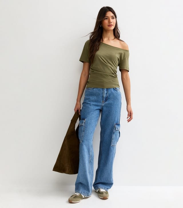 New Look Women's Light Khaki Off The Shoulder Ruched T-Shirt New Look - 3