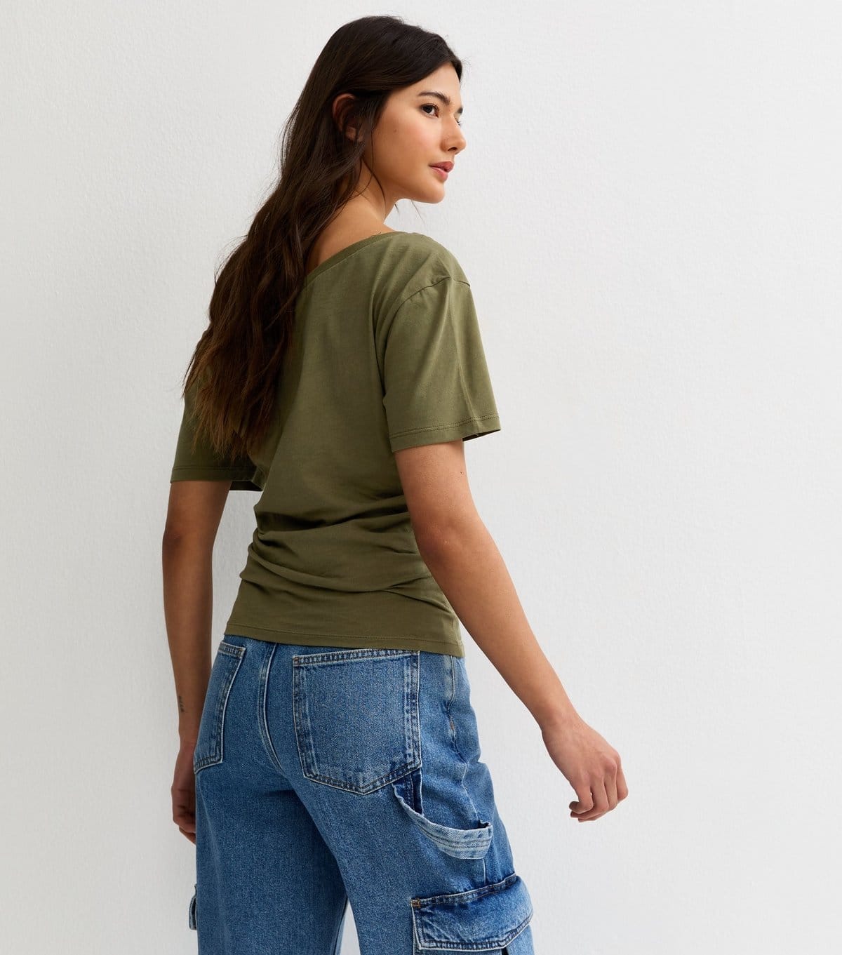 New Look Women's Light Khaki Off The Shoulder Ruched T-Shirt New Look - 4