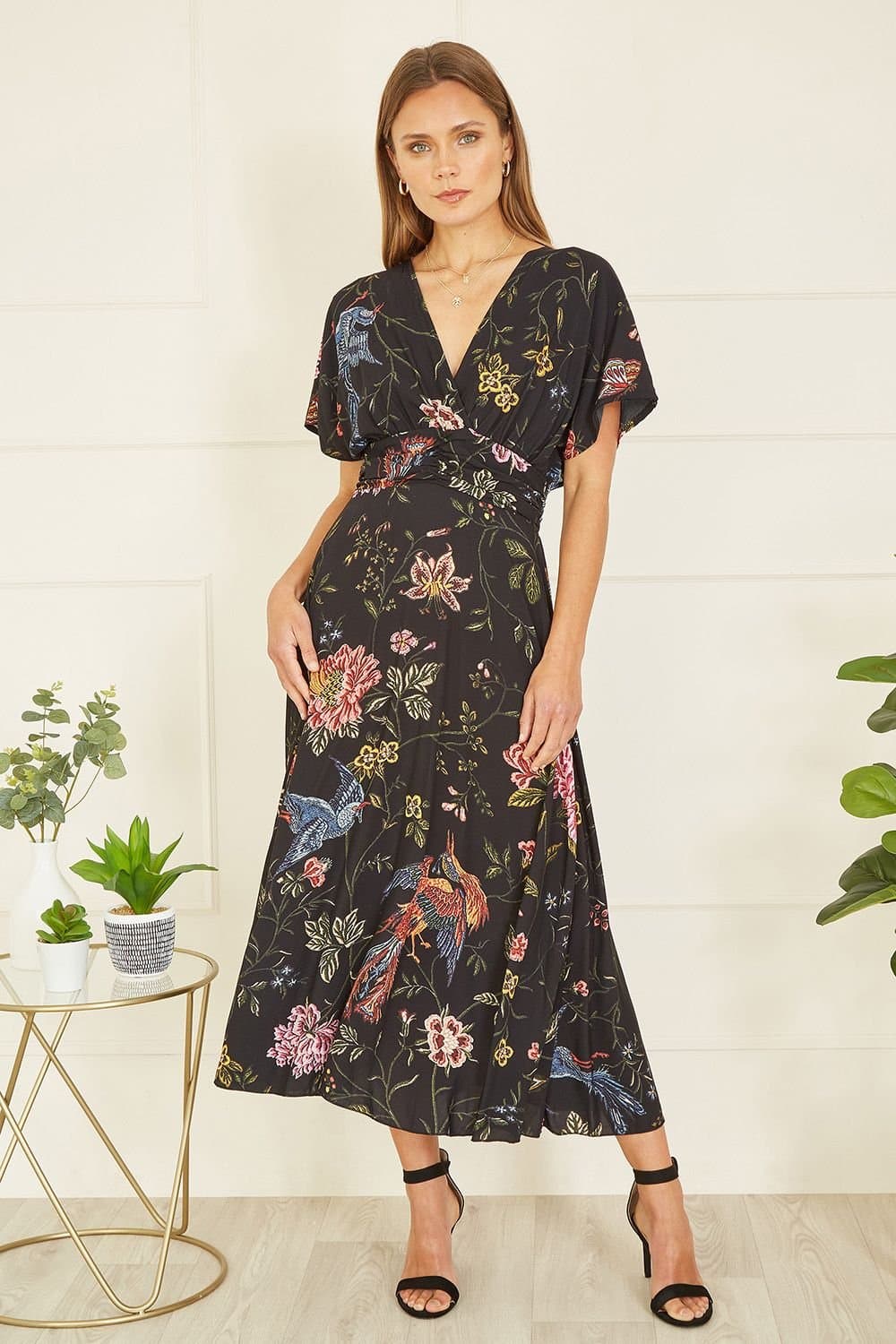 Yumi Yumi Women's Black Viscose Bird & Floral Print Kimono Midi Dress