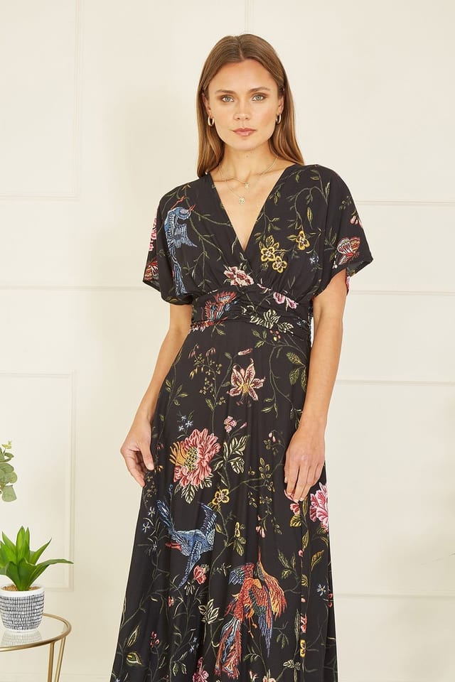 Yumi Yumi Women's Black Viscose Bird & Floral Print Kimono Midi Dress - 2