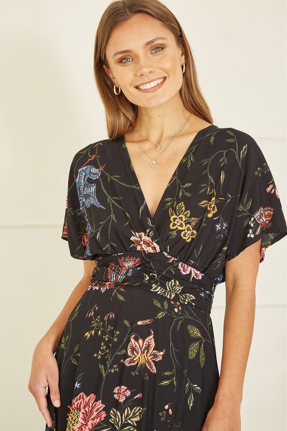 Yumi Yumi Women's Black Viscose Bird & Floral Print Kimono Midi Dress - 3