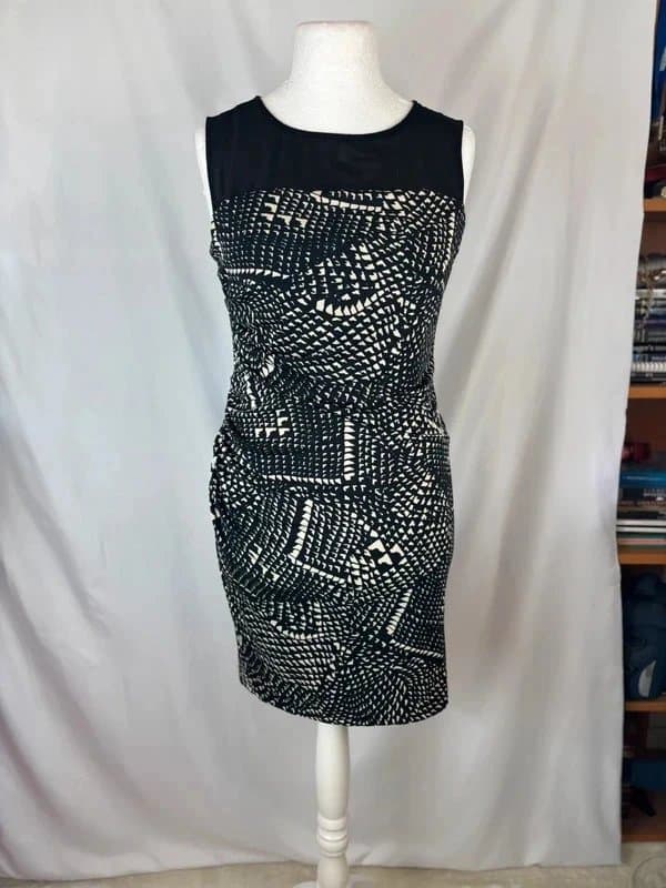 Next UK 12 (Fit 10-12) Cream Beige Black Geometric Print Chiffon Dress Top Overlay Stretch Occasion Dress