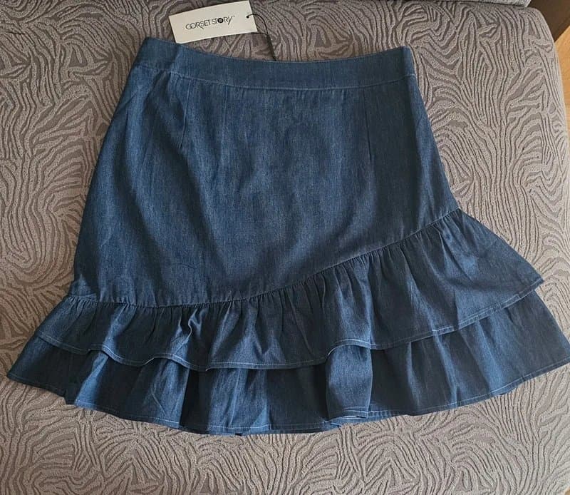 Corset Story Corset Story Chambray Blue Denim Look Layered Ruffle Hem Side Zip Short Skirt Size 10 UK