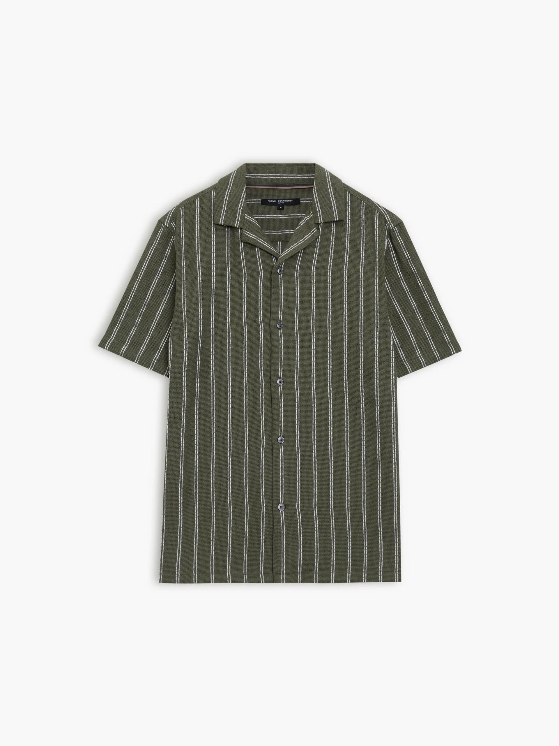 French Connection Short Sleeve Open Weave Green Striped Holiday Shirt Beetle Green/White