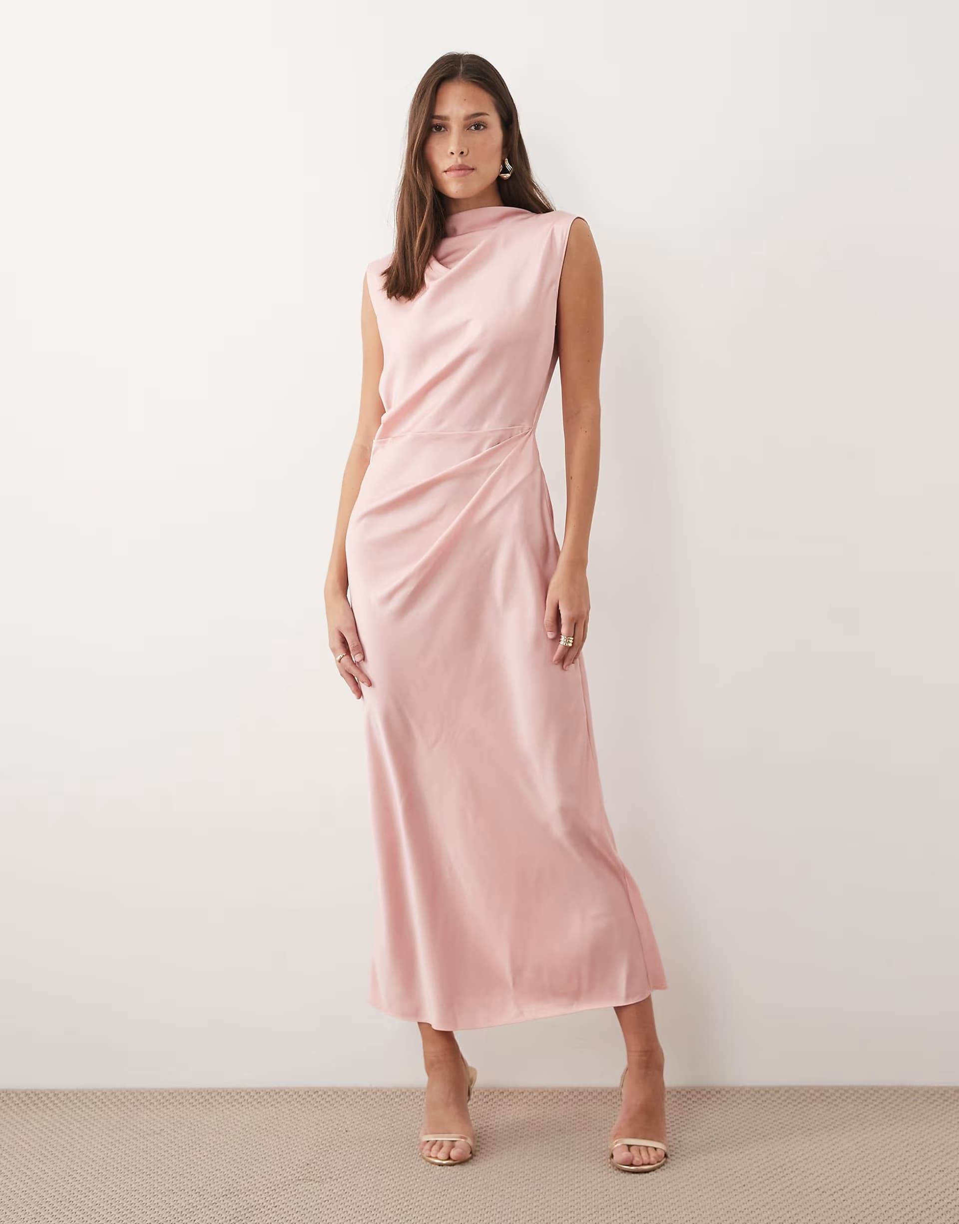 ASOS ASOS DESIGN satin high neck pleated bodice midi dress in dusty rose