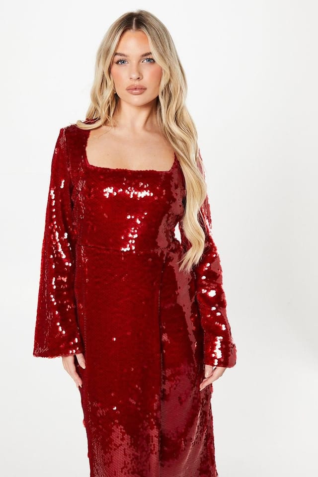 Coast Coast Women's Petite Party Sequin Long Sleeve Pencil Dress in Wine - 2