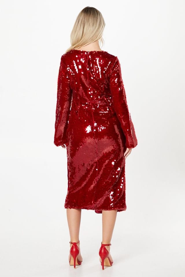 Coast Coast Women's Petite Party Sequin Long Sleeve Pencil Dress in Wine - 3