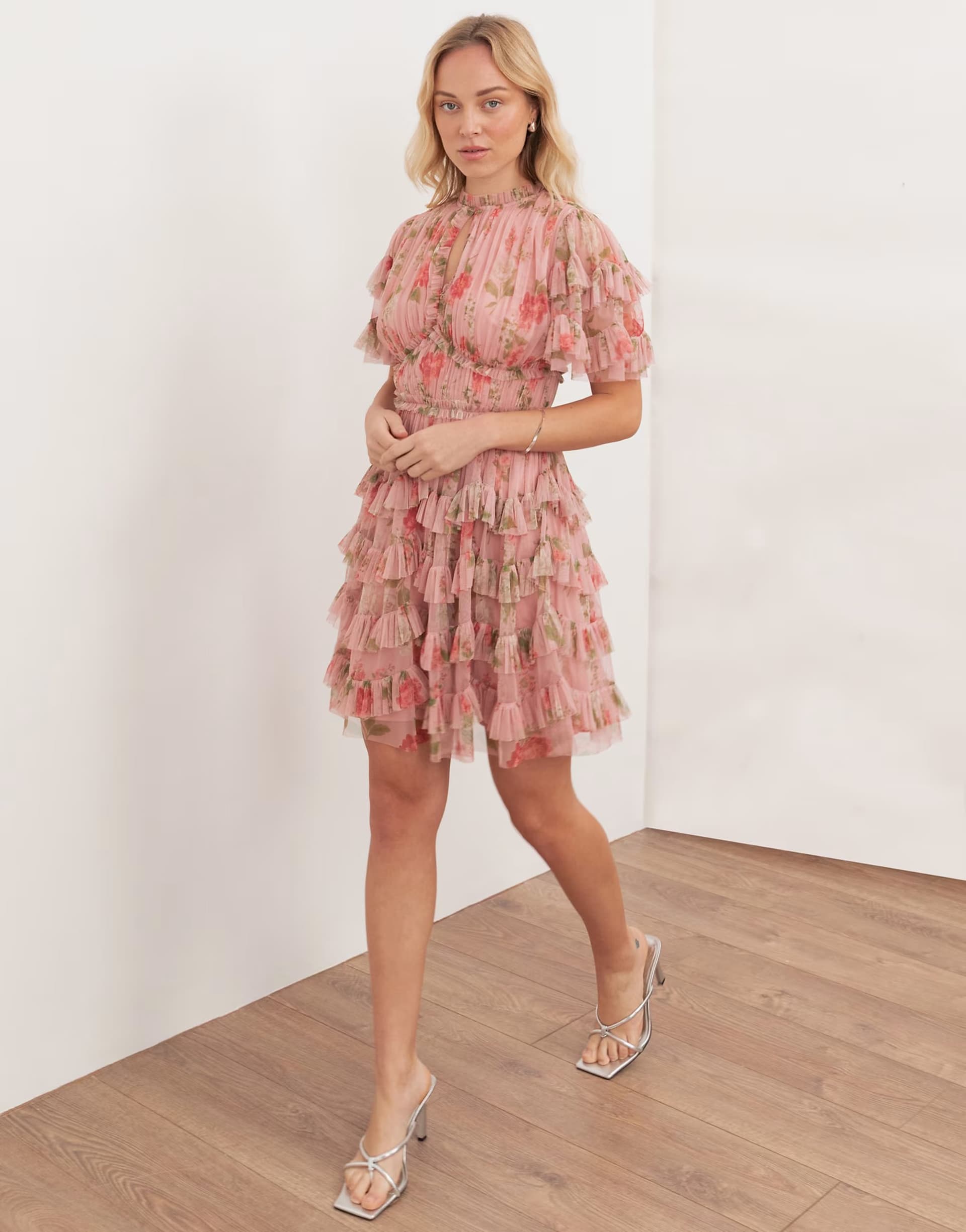 ASOS Anaya Floral print short sleeve ruffled mini dress in pink