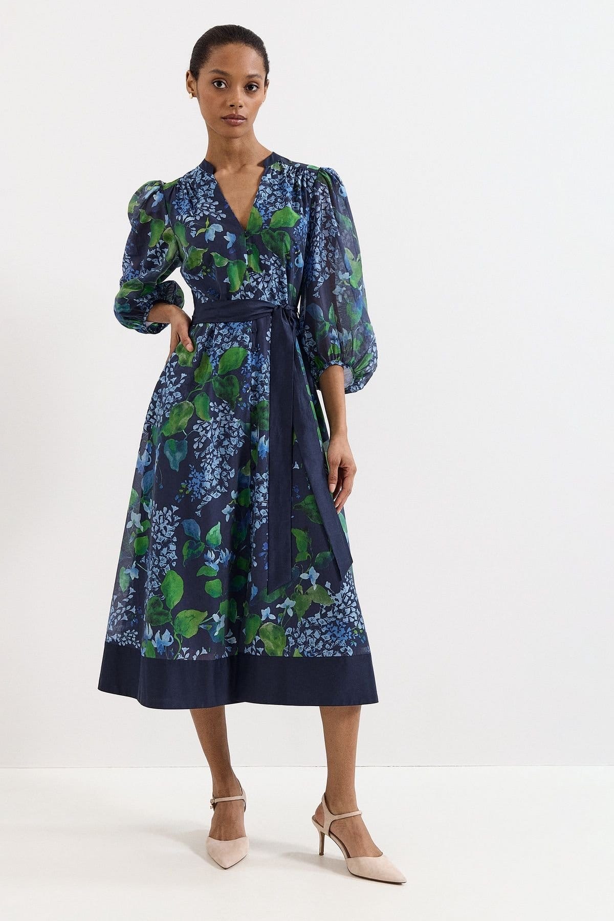 Phase Eight Floral Print V-Neck Midi Tie Dress In Dark Navy