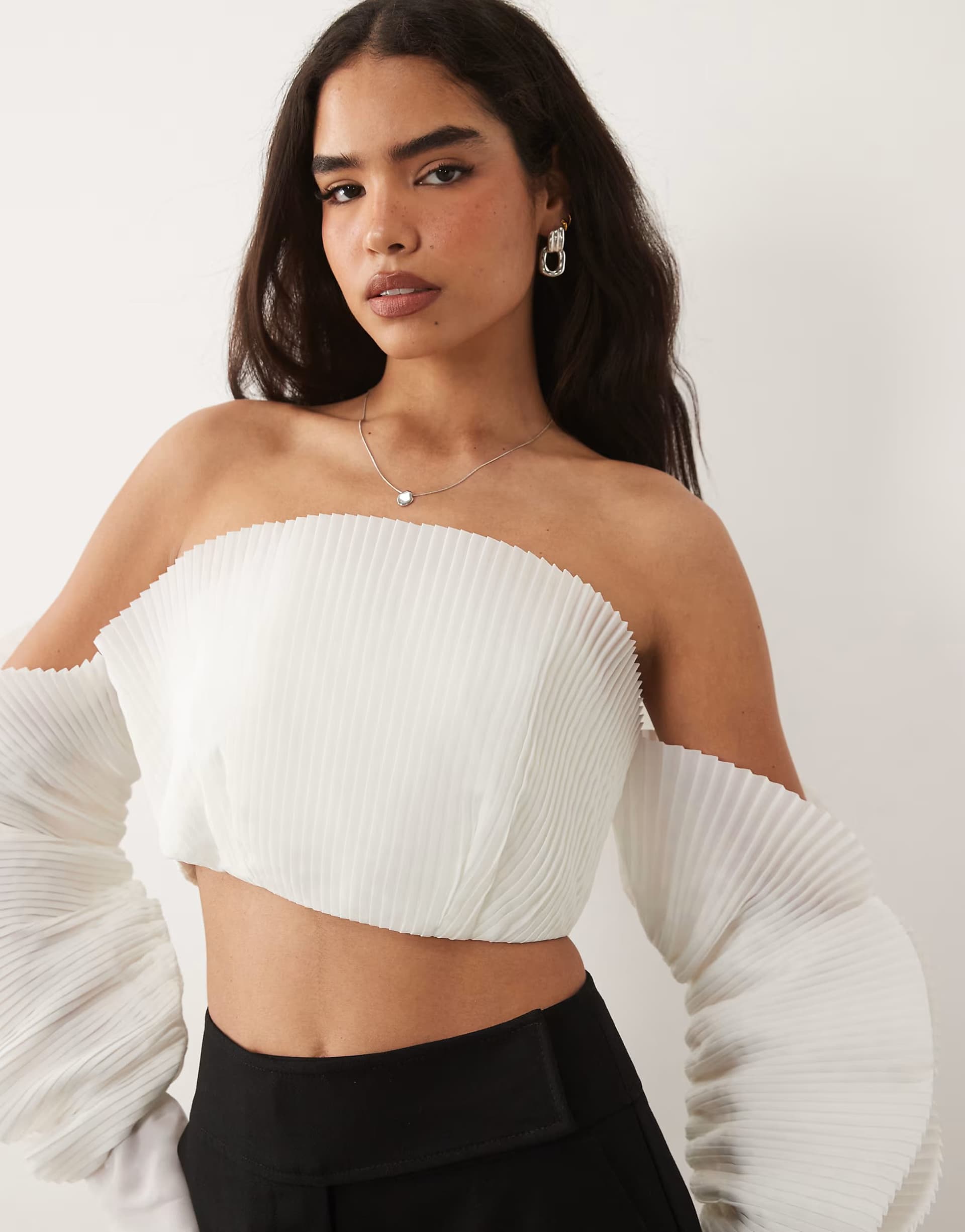 ASOS ASOS LUXE pleated bandeau long sleeve top in white
