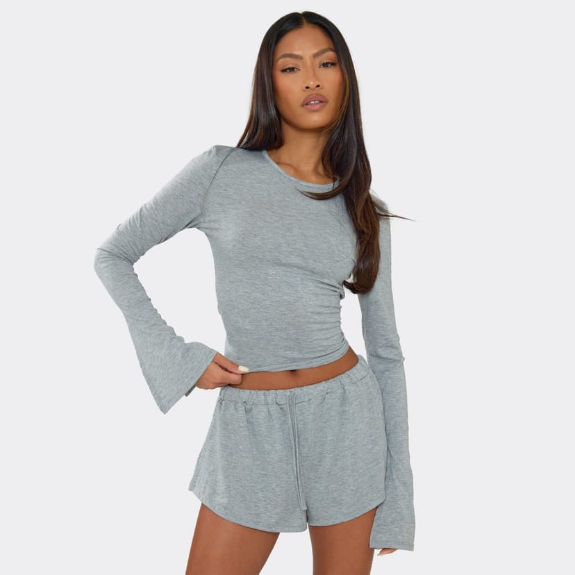 EGO Long Flared Sleeve Scoop Neck Top In Grey, Women's Size UK 6 - 1