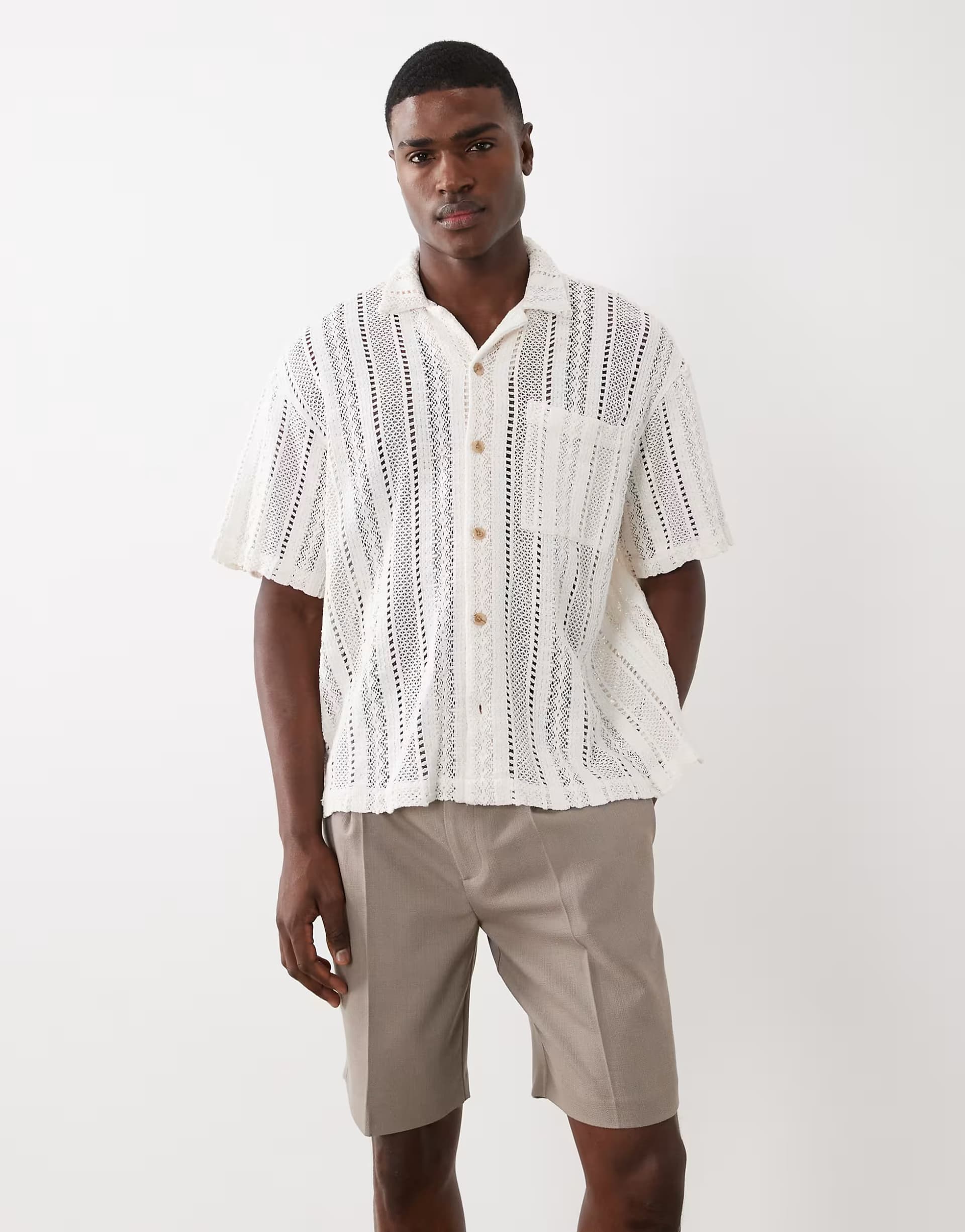 ASOS ASOS DESIGN oversized crochet revere shirt in beige