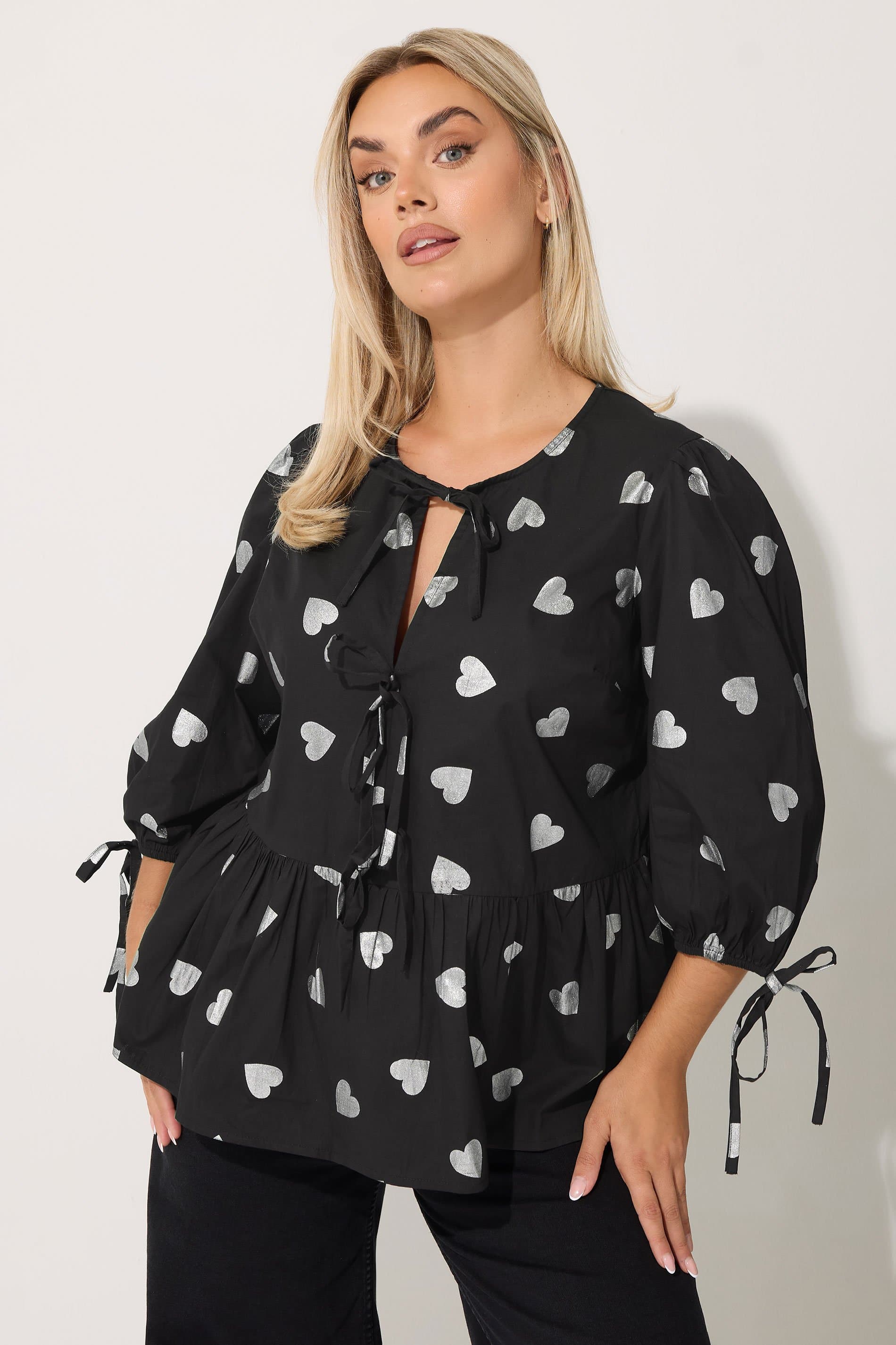 Limited Collection Plus Size Black Metallic Heart Bow Tie Front Top