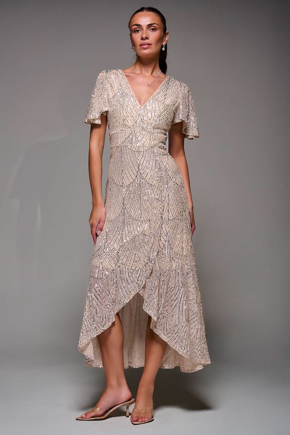 Jolie Moi Jolie Moi Women's Sequin Angel Sleeve Ruffle Hem Maxi Dress in Beige - 1