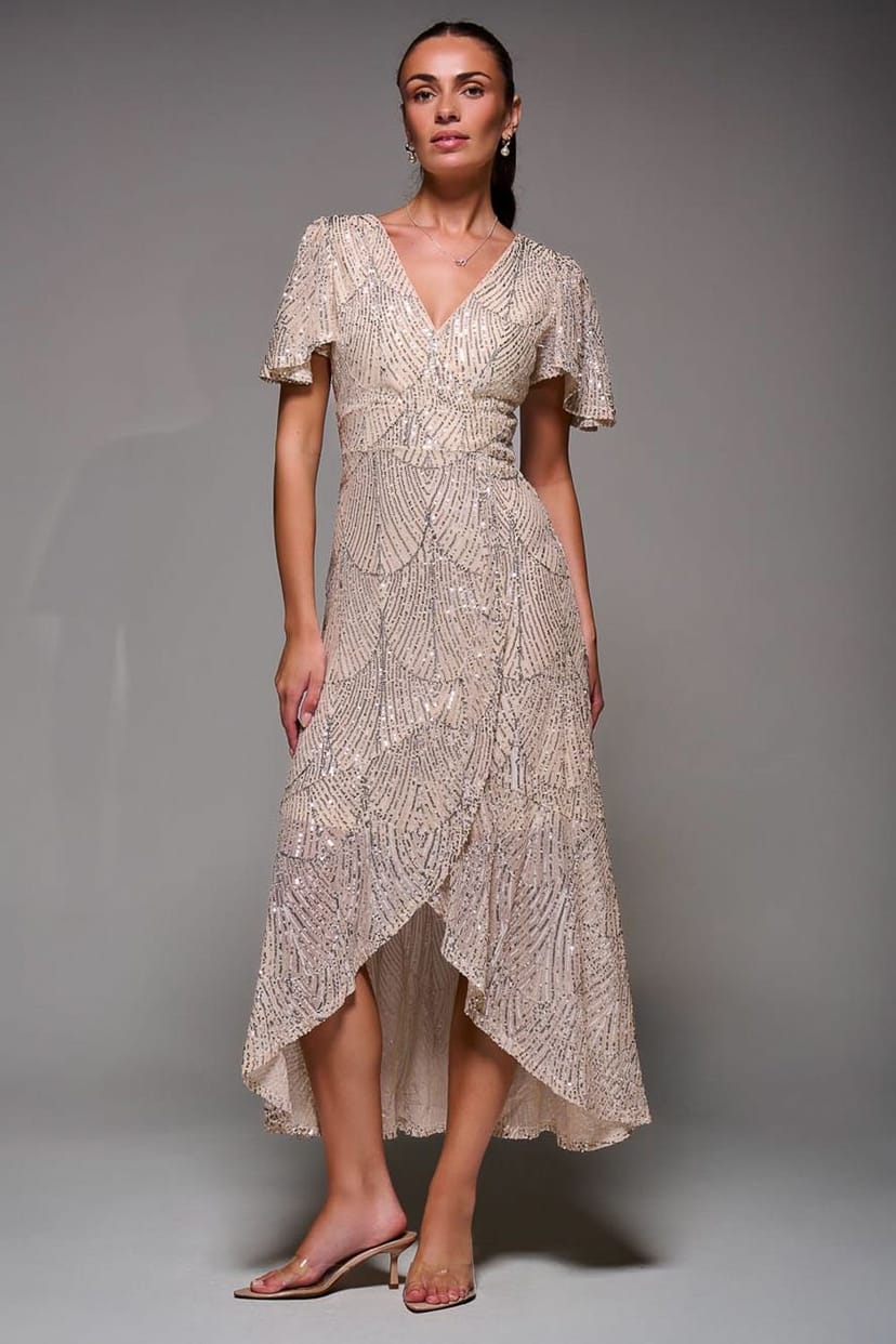 Jolie Moi Jolie Moi Women's Sequin Angel Sleeve Ruffle Hem Maxi Dress in Beige - 1