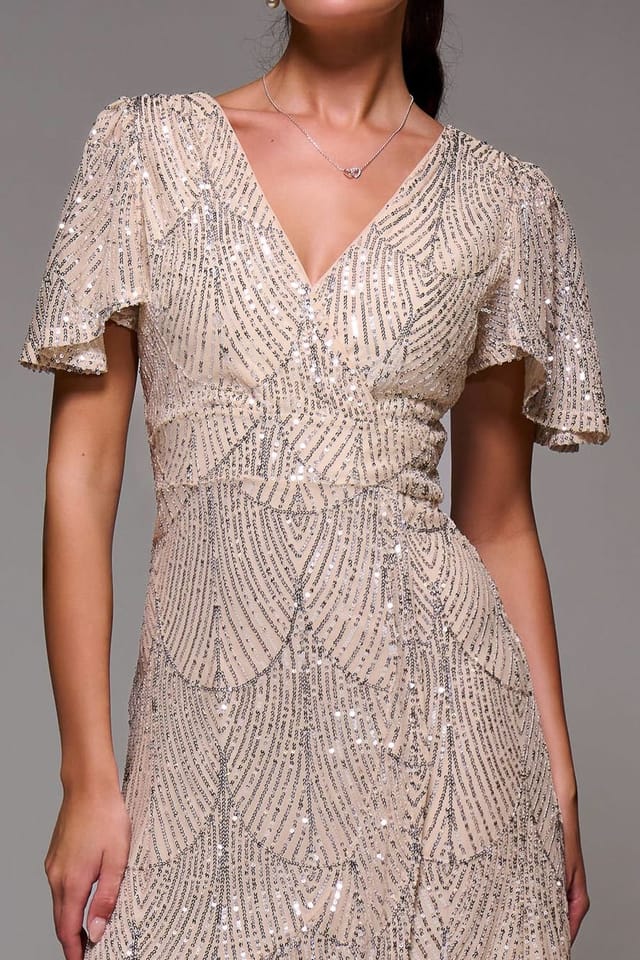 Jolie Moi Jolie Moi Women's Sequin Angel Sleeve Ruffle Hem Maxi Dress in Beige - 2
