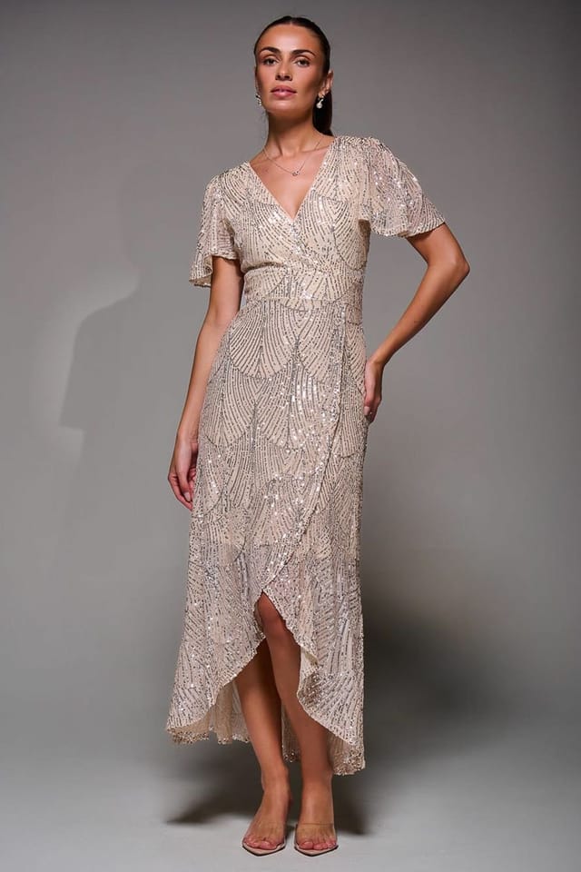 Jolie Moi Jolie Moi Women's Sequin Angel Sleeve Ruffle Hem Maxi Dress in Beige - 3