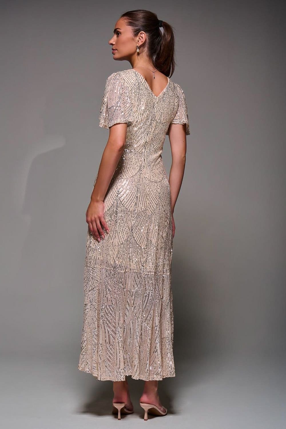 Jolie Moi Jolie Moi Women's Sequin Angel Sleeve Ruffle Hem Maxi Dress in Beige - 4