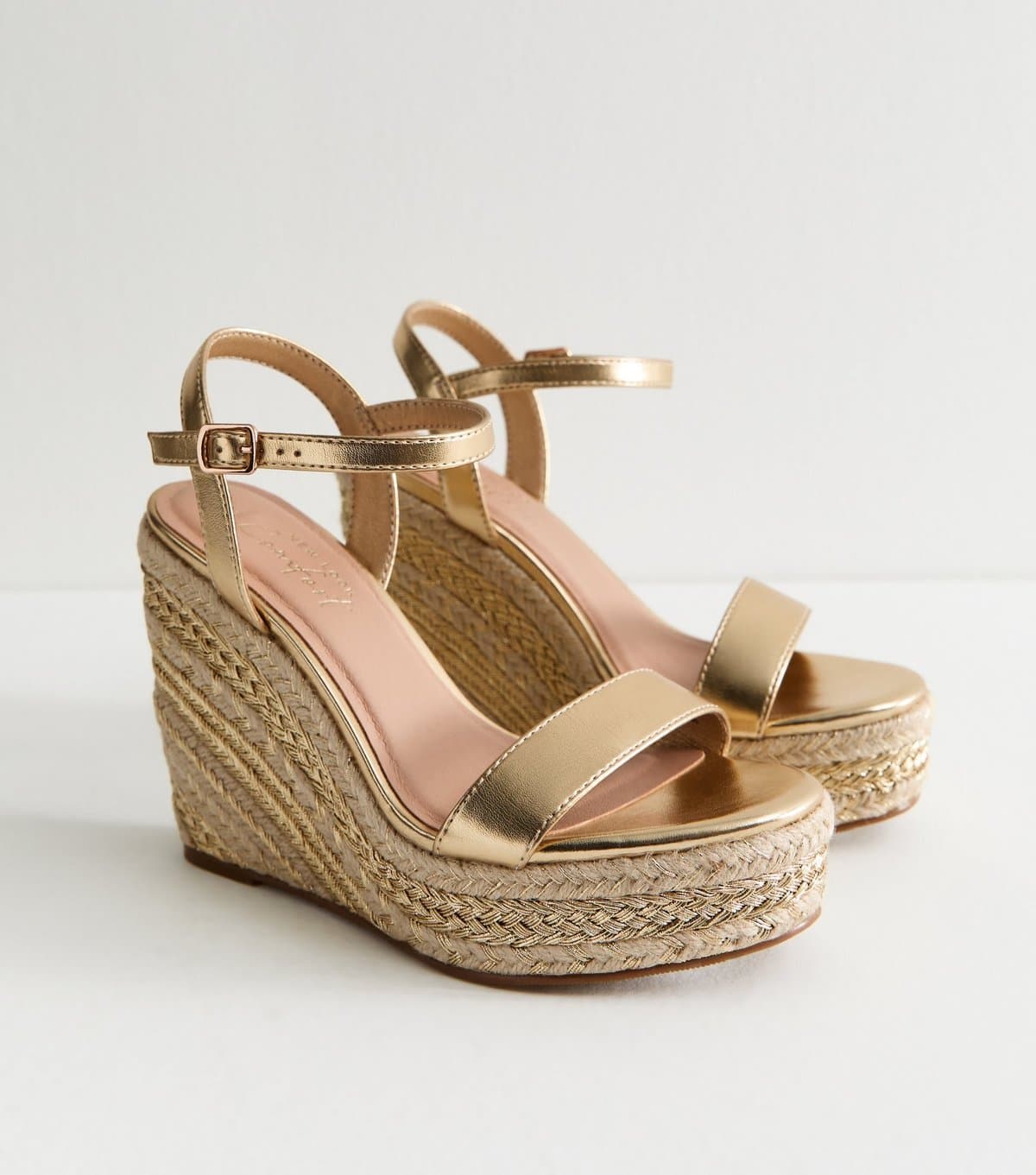 New Look Women's Wide Fit Gold Faux Leather Platform Wedge Sandals Vegan New Look