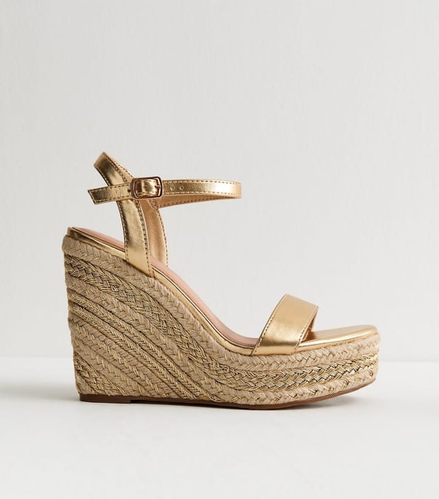 New Look Women's Wide Fit Gold Faux Leather Platform Wedge Sandals Vegan New Look - 3