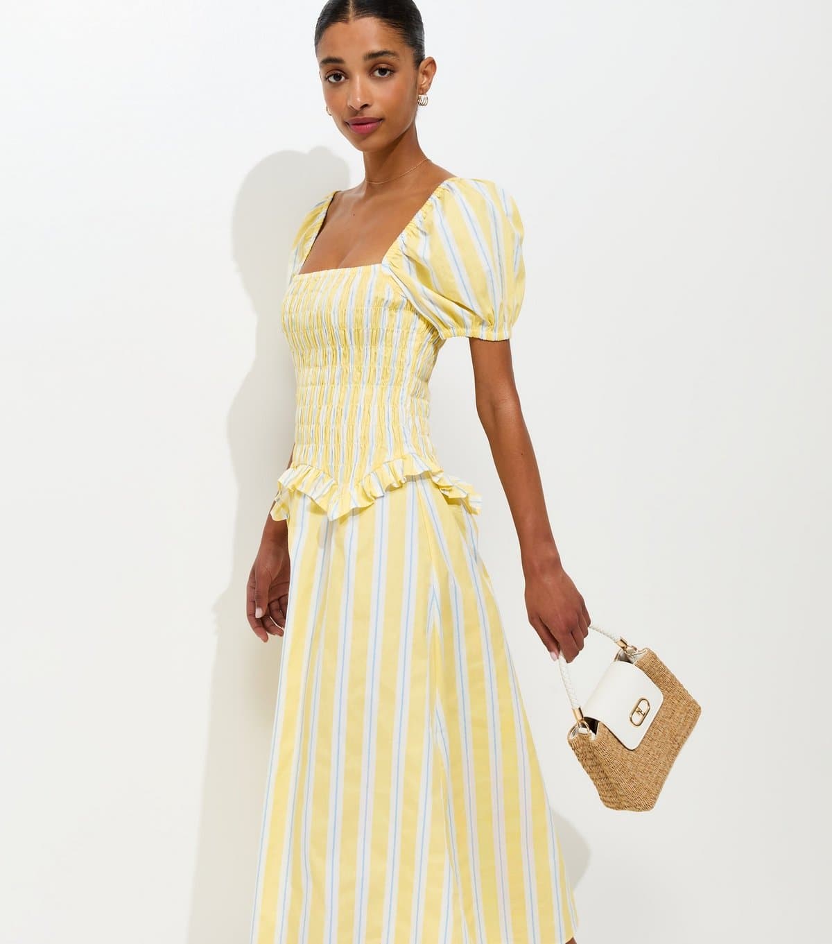 New Look Women's Yellow Striped Shirred Dropped Waist Midi Dress New Look