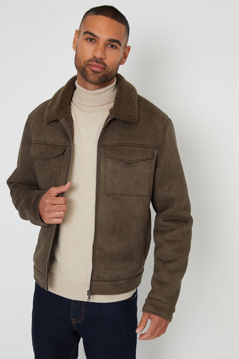 Threadbare Threadbare Men's 'Olpherts' Faux Suede Borg Lined Aviator Jacket in Khaki - 1