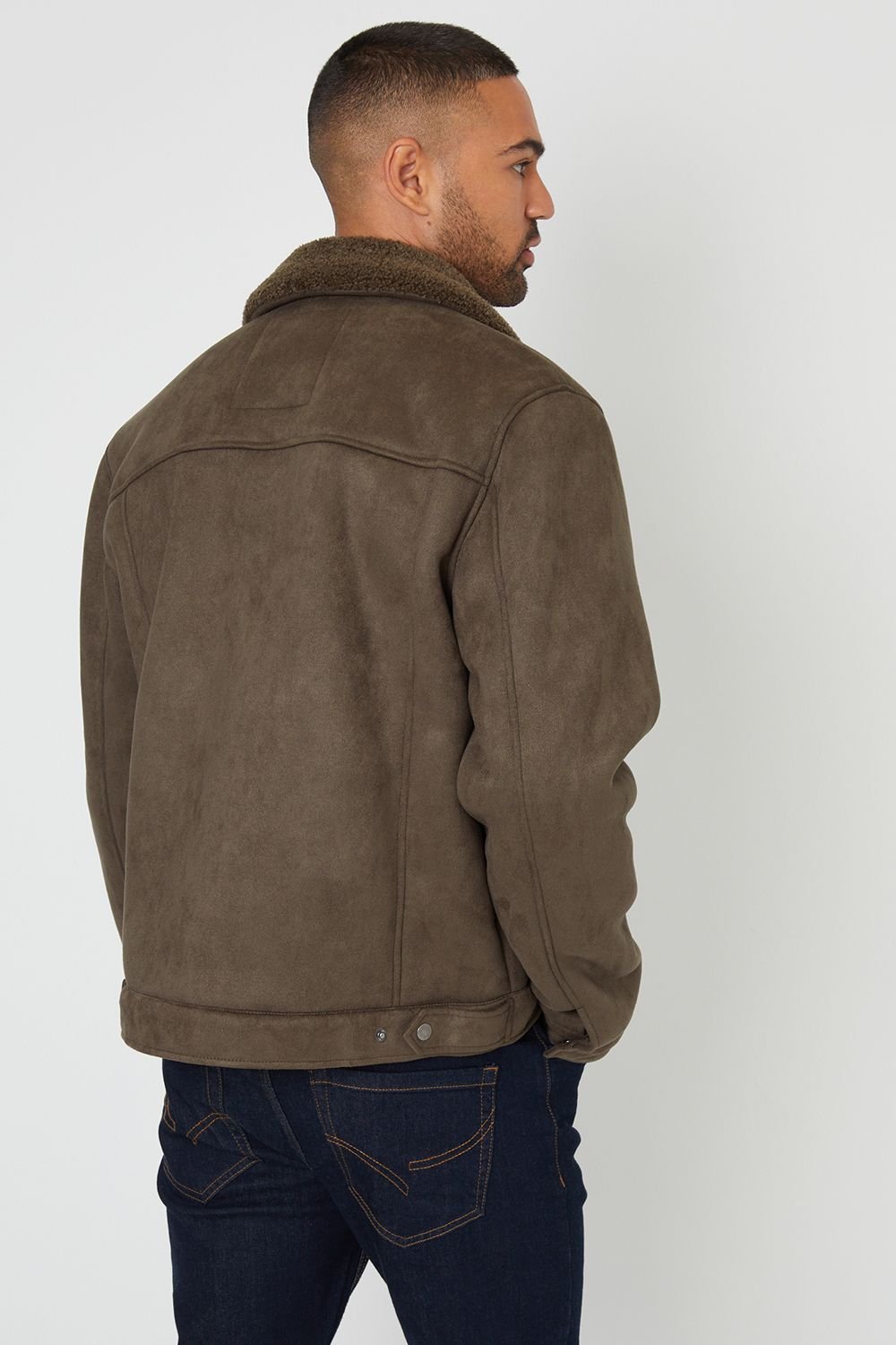 Threadbare Threadbare Men's 'Olpherts' Faux Suede Borg Lined Aviator Jacket in Khaki - 2