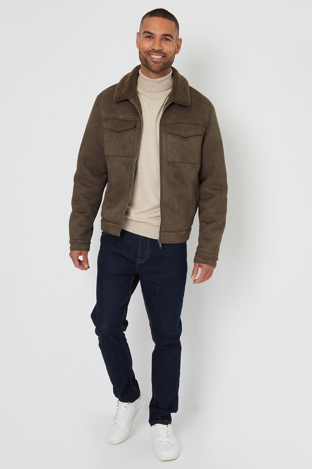 Threadbare Threadbare Men's 'Olpherts' Faux Suede Borg Lined Aviator Jacket in Khaki - 3
