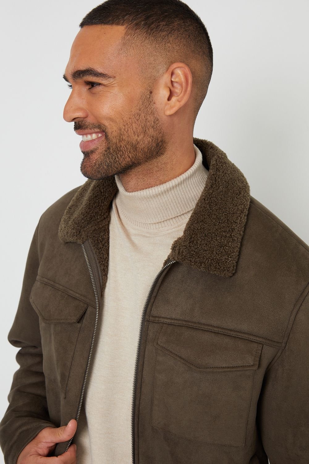 Threadbare Threadbare Men's 'Olpherts' Faux Suede Borg Lined Aviator Jacket in Khaki - 4