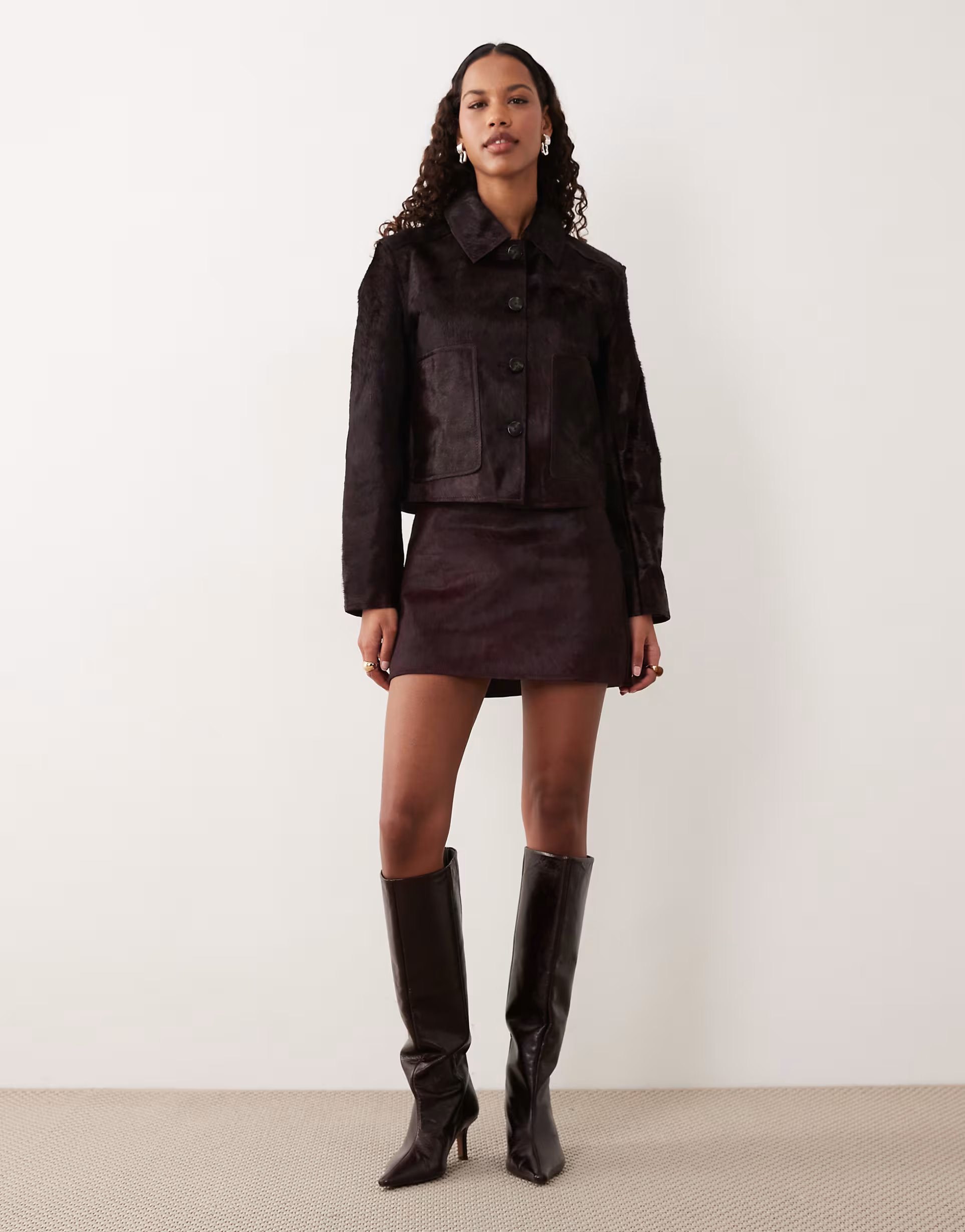 ASOS Mango 100% leather mini skirt co-ord in burgundy - 1