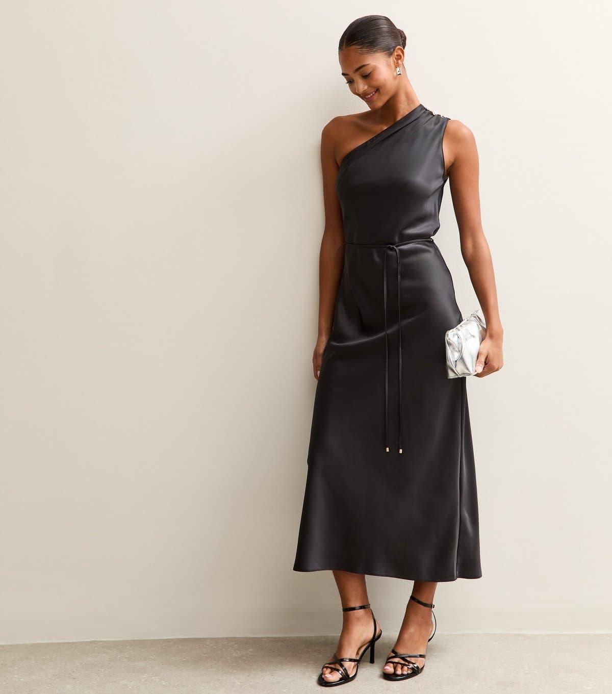 New Look Women's Black Satin One Shoulder Tie Waist Midi Dress New Look