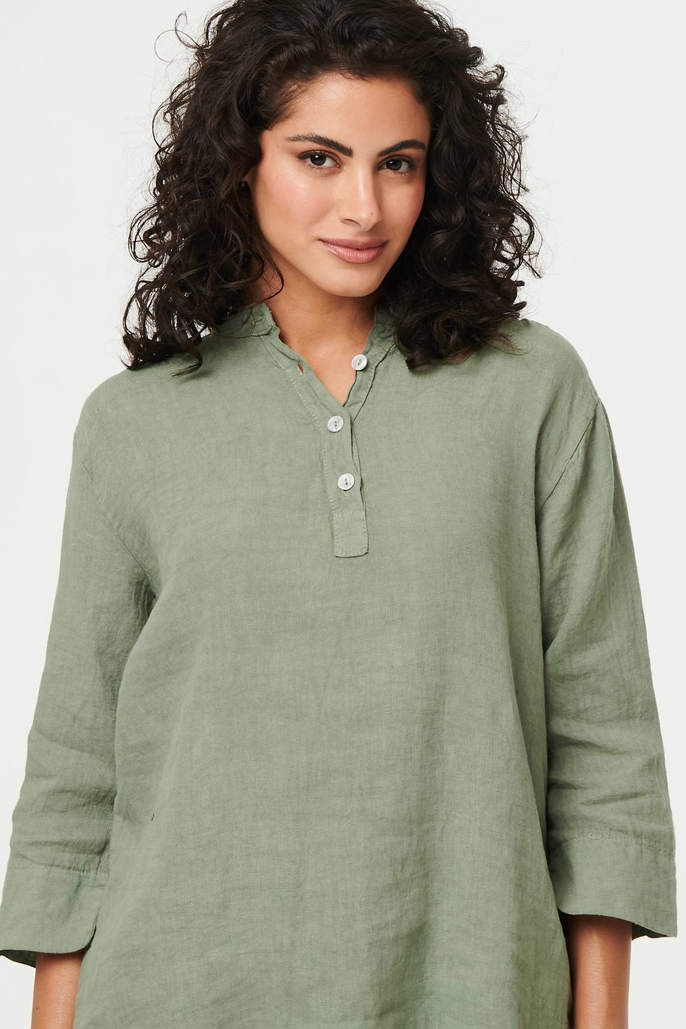 Izabel London Izabel London Women's Relaxed 3/4 Sleeve Button Neck Blouse in Khaki - 2