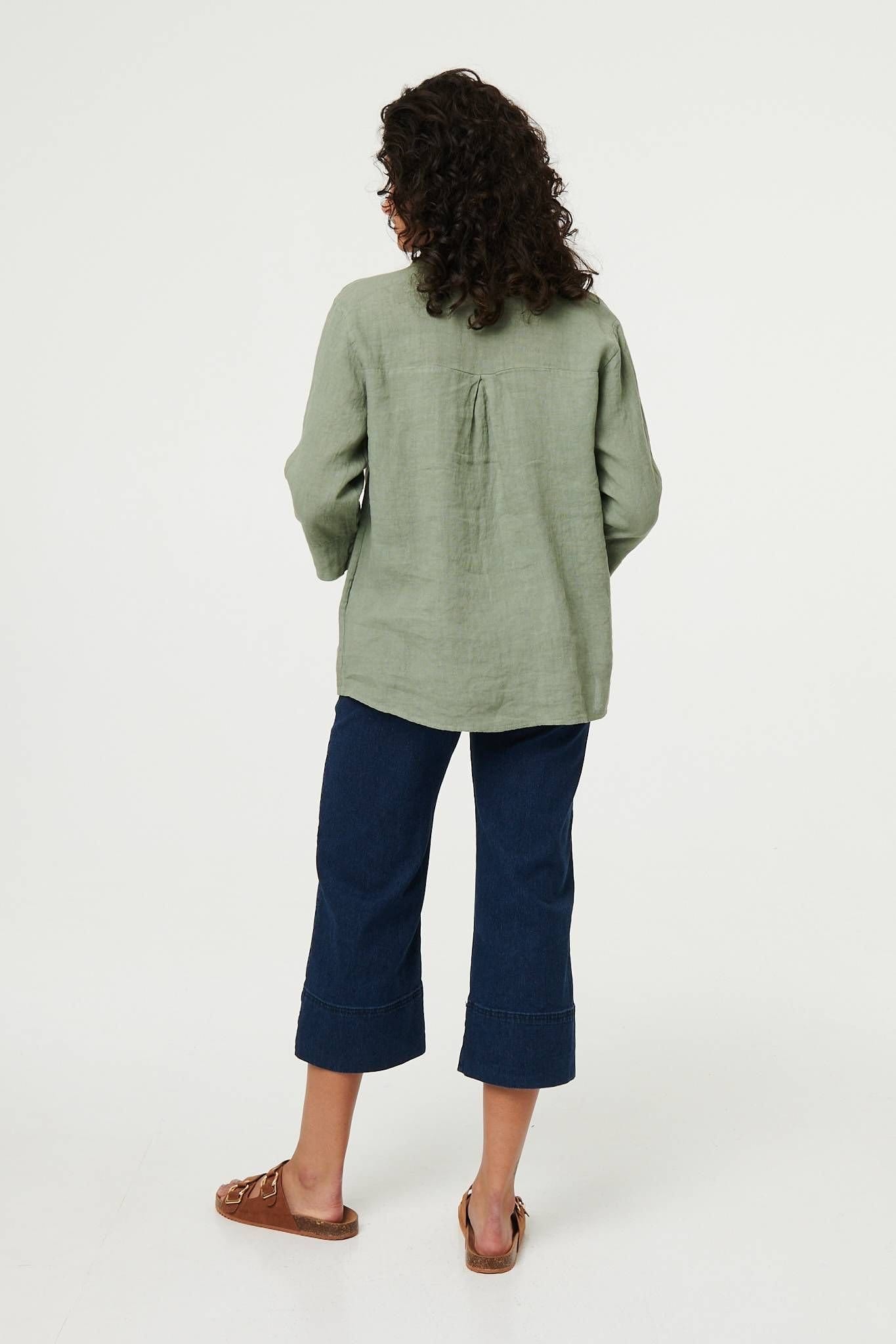 Izabel London Izabel London Women's Relaxed 3/4 Sleeve Button Neck Blouse in Khaki - 3