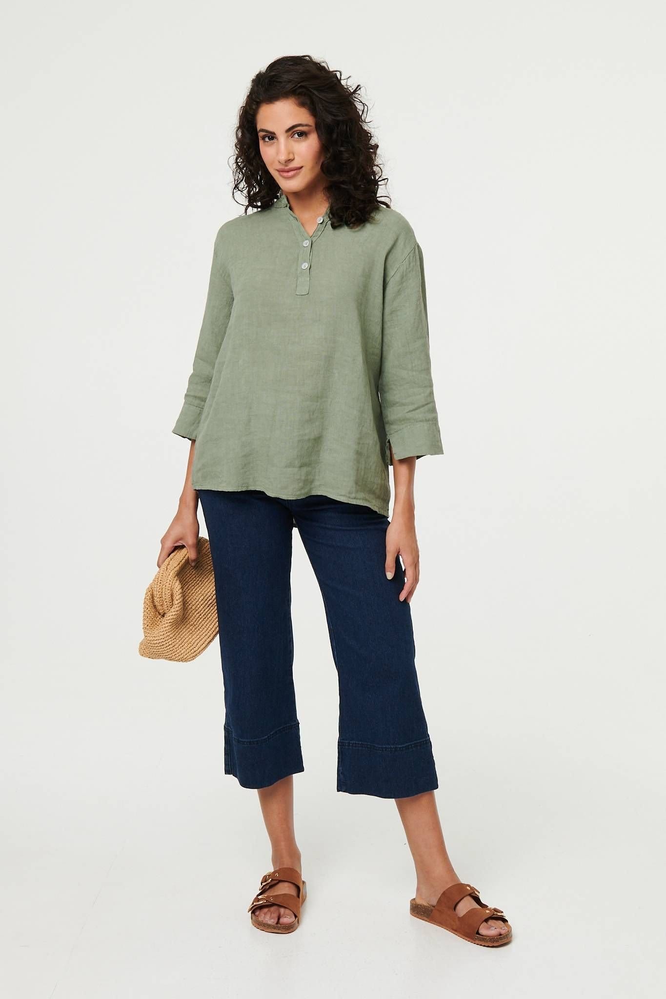 Izabel London Izabel London Women's Relaxed 3/4 Sleeve Button Neck Blouse in Khaki - 4