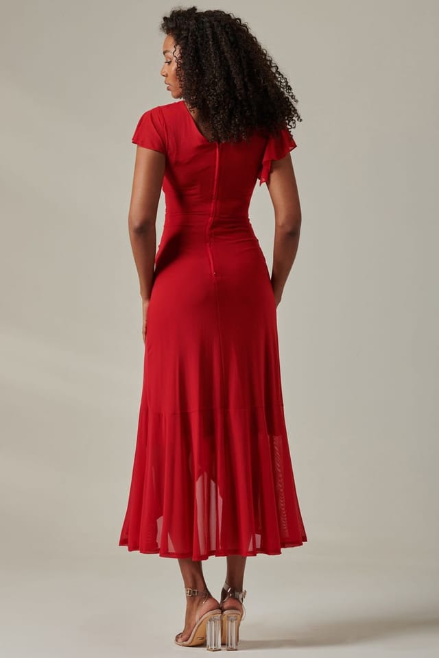 Jolie Moi Jolie Moi Women's Plain Wrap Mesh Maxi Dress in Red - 2