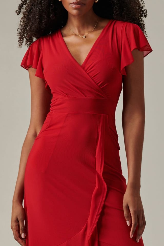 Jolie Moi Jolie Moi Women's Plain Wrap Mesh Maxi Dress in Red - 3