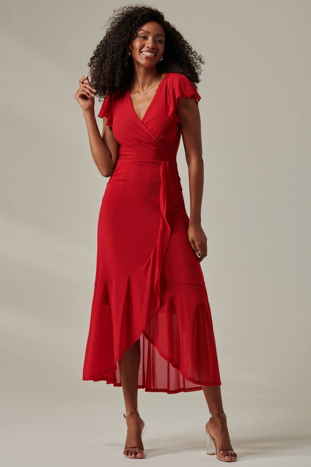 Jolie Moi Jolie Moi Women's Plain Wrap Mesh Maxi Dress in Red - 4