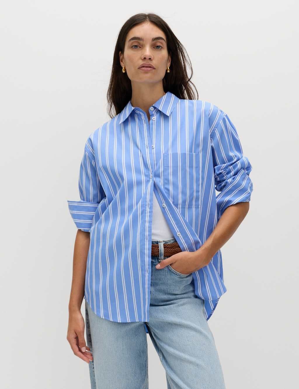 Marks & Spencer M&S Pure Cotton Striped Girlfriend Shirt Blue Mix