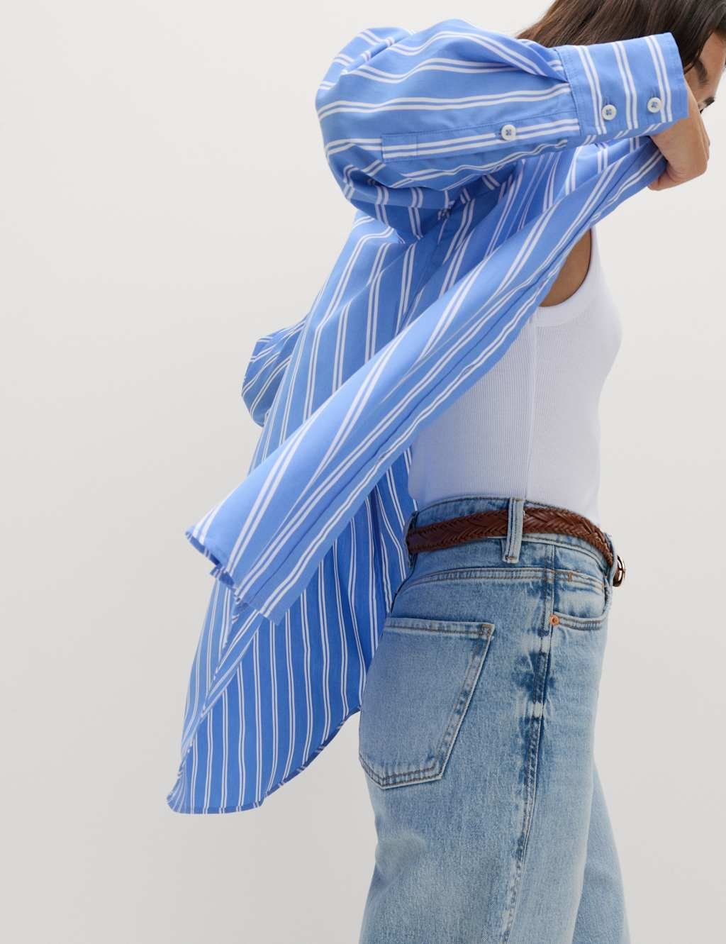 Marks & Spencer M&S Pure Cotton Striped Girlfriend Shirt Blue Mix - 2