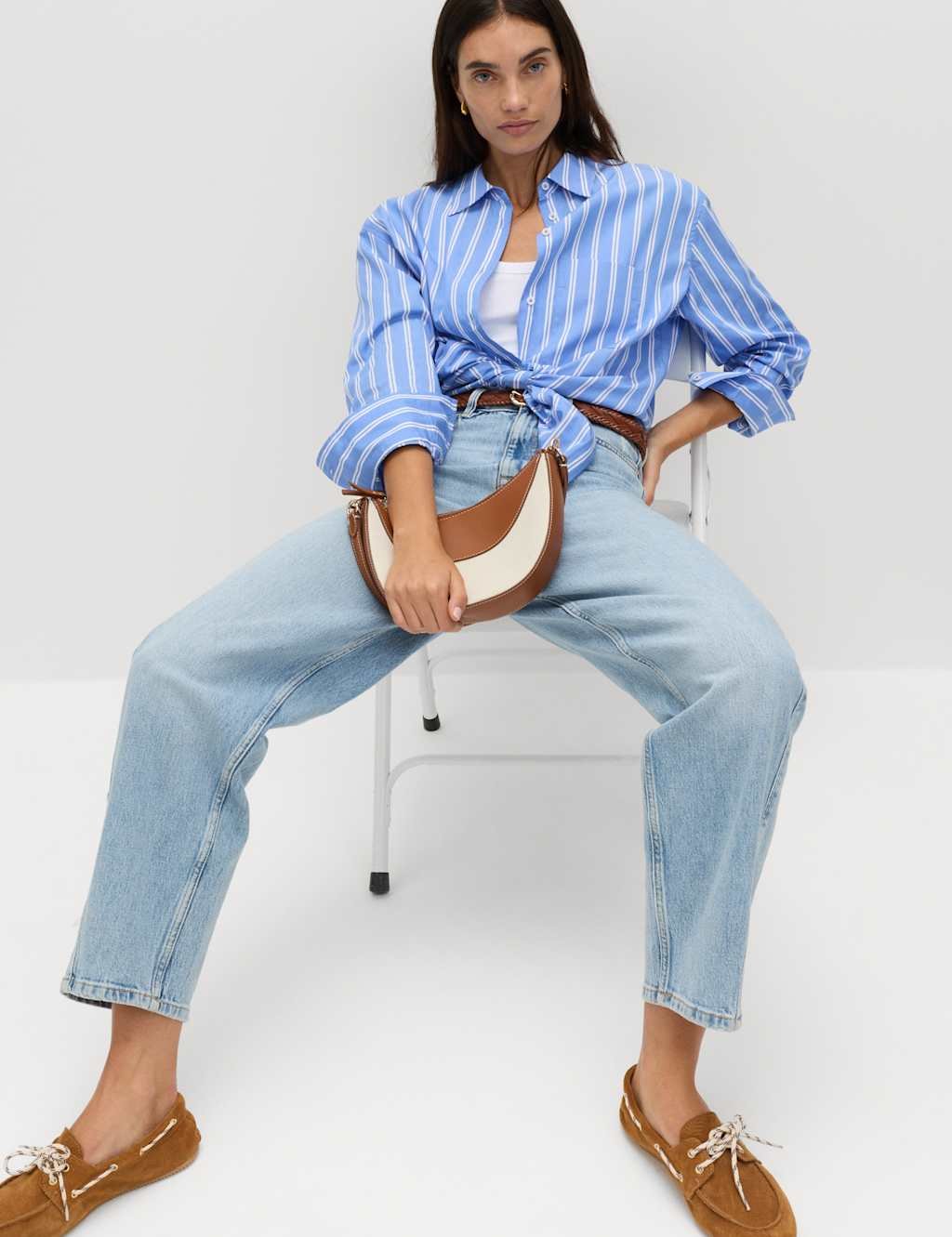 Marks & Spencer M&S Pure Cotton Striped Girlfriend Shirt Blue Mix - 3